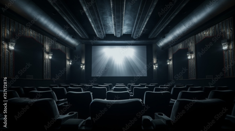 realistic view from the last rows on the light screen of the cinema, with modern design, in the dark realistic view from the last rows on the light screen of the cinema, with modern design, in the dark