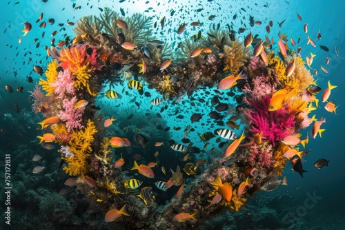 A mesmerizing heart shaped coral reef teeming with vibrant fish swimming in the crystal-clear waters, A heart-shaped reef teeming with colorful underwater life, AI Generated © Iftikhar alam