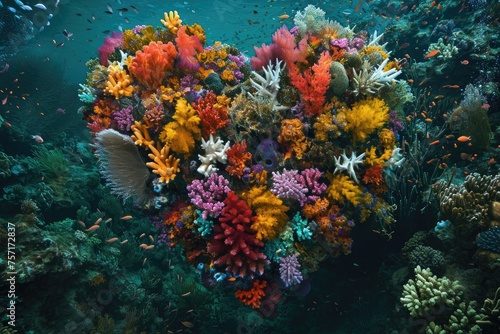 A stunning arrangement of corals and sea stars intricately shaped into a heart, A heart-shaped reef teeming with colorful underwater life, AI Generated