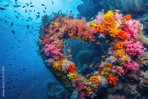 A beautiful heart shaped wreath made entirely of vibrant corals and delicate seaweed, A heart-shaped reef teeming with colorful underwater life, AI Generated © Iftikhar alam