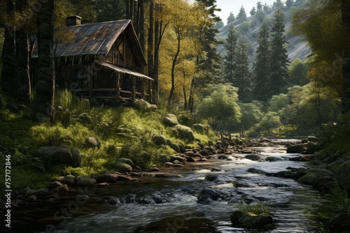 A cabin in the woods with a river flowing nearby.