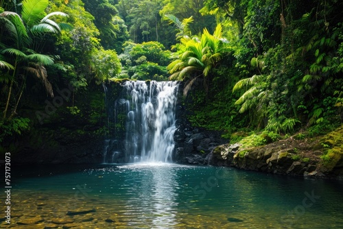 Discover the tranquil allure of a small waterfall nestled amidst the dense foliage of a serene forest  A hidden waterfall surrounded by vibrant rainforest  AI Generated