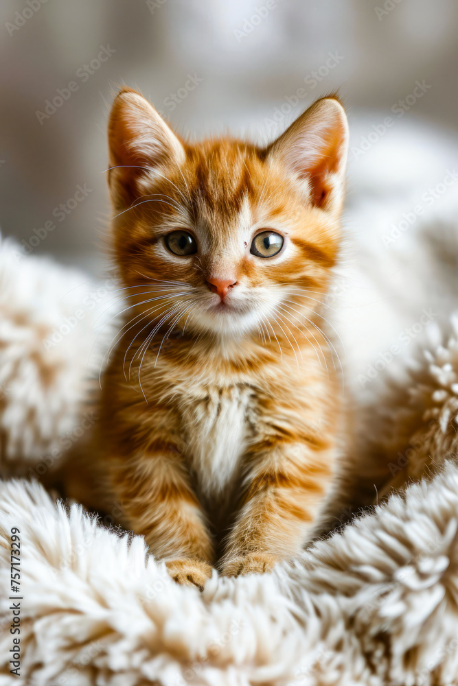 Small orange kitten sitting on white blanket.