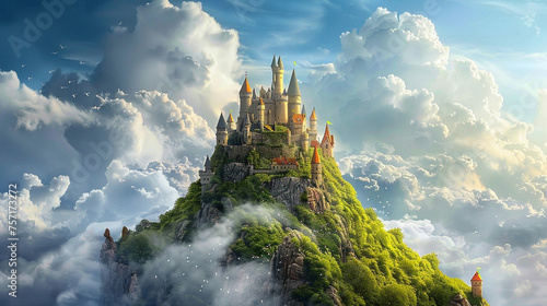 A whimsical fairytale castle perched atop a lush green hill, with turrets rising against a backdrop of azure skies and fluffy white clouds.