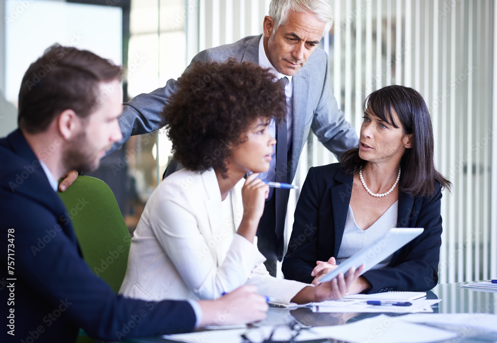 Fototapeta premium Team, tablet and business people research, discussion and brainstorming online strategy in office. Collaboration, technology and diverse group planning project, CEO or serious consultants in meeting