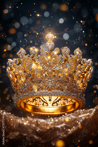 Close up of gold and diamond crown with lots of sparkle.