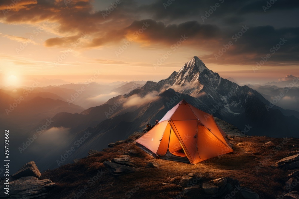 Tent on a mountain peak with sunset