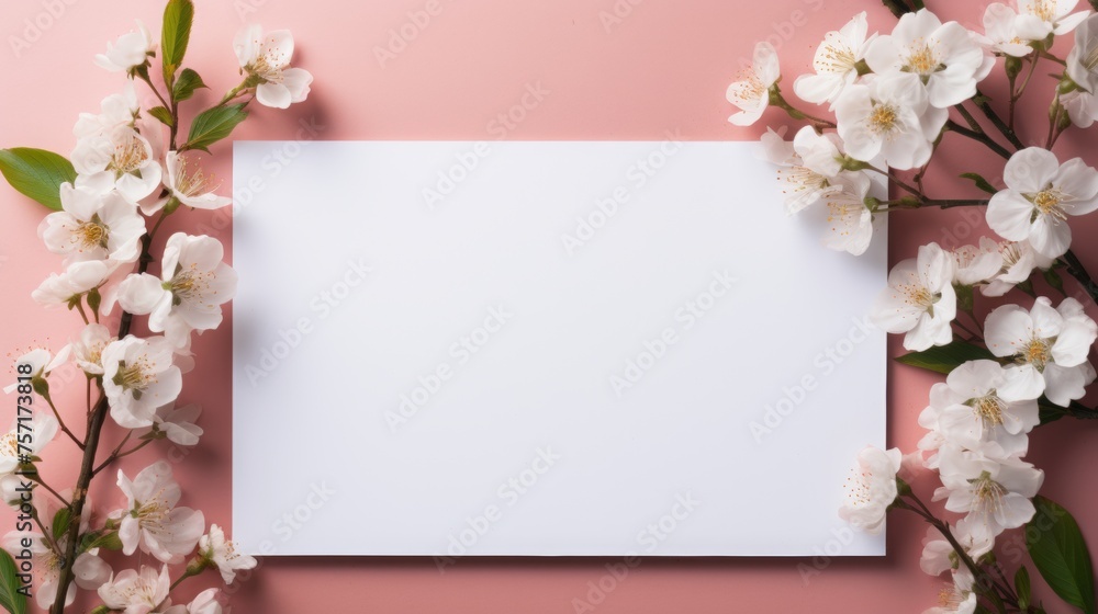 Obraz premium Rectangular blank white paper board, card for advertising mockup, copy space for text, vibrant, minimalistic editorial aesthetic, flowers high angle
