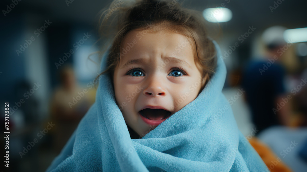 Distressed child wrapped in towel with teary eyes. Generative AI. Distressed child wrapped in towel with teary eyes. Generative AI.