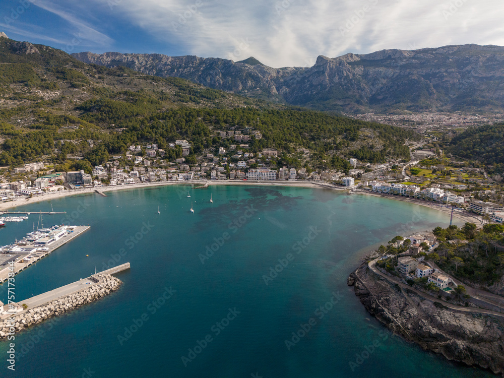 The aerial view of Port de Soller, located in Mallorca, Spain,