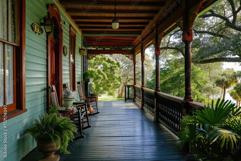 The porch of a house with rocking chairs, providing a tranquil space to relax and embrace the beauty of nature, A historical colonial house with a picturesque wooden porch, AI Generated