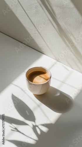 A minimalist setup with a geometrically designed coffee cup casting a long shadow in morning light