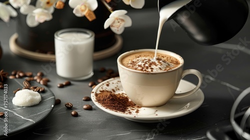 A scene capturing the moment coffee is poured into a cup with cream and sugar on the side