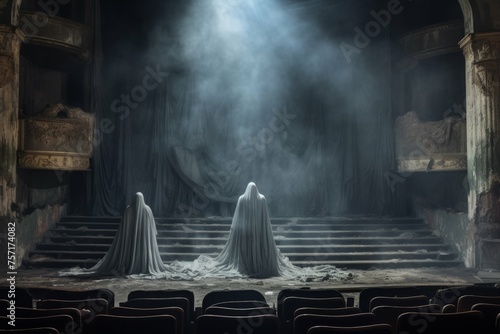 Spooky abandoned theater with ghostly figures
