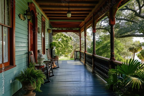 The porch of a house with rocking chairs, providing a tranquil space to relax and embrace the beauty of nature, A historical colonial house with a picturesque wooden porch, AI Generated © Iftikhar alam