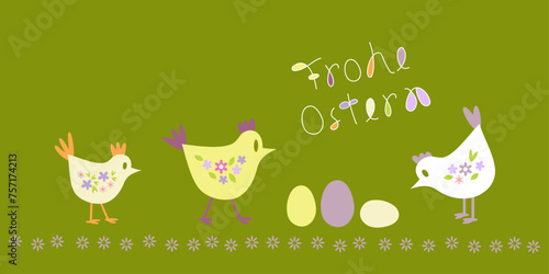 Frohe Oster Grüße mit Huhn und Osterei