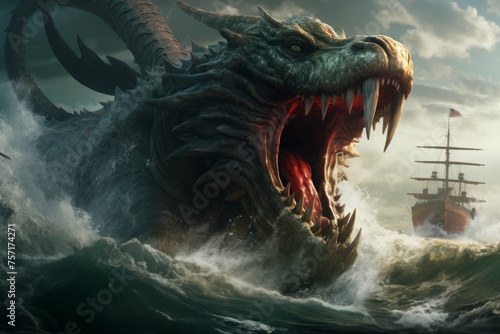 Giant sea serpent attacking a ship