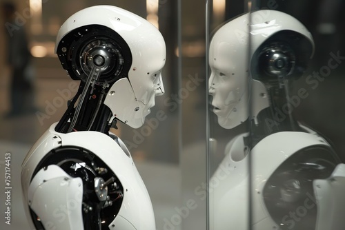 A stunning close up photo of a robot displayed in a glass case, showcasing the advancements of futuristic technology, A humanoid robot looking at its reflection, AI Generated