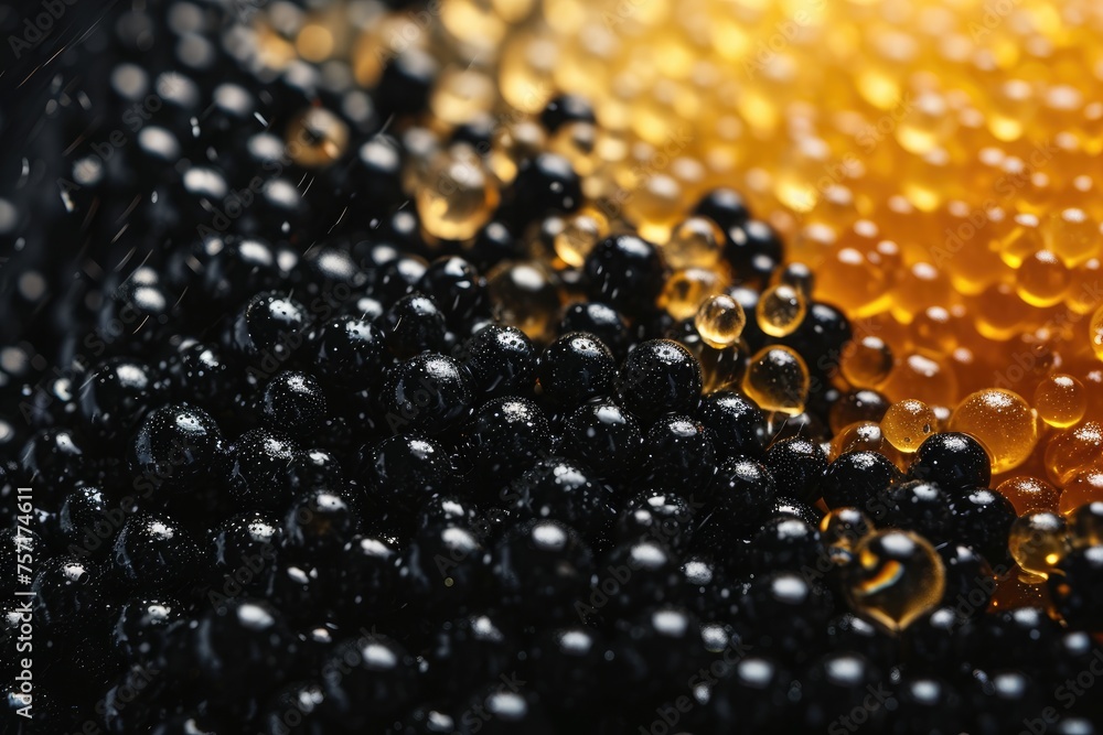 This photo captures a detailed view of water droplets on a vibrant yellow and black background, A hyper-realistic portrayal of the texture and color gradation in Beluga caviar, AI Generated This photo captures a detailed view of water droplets on a vibrant yellow and black background, A hyper-realistic portrayal of the texture and color gradation in Beluga caviar, AI Generated
