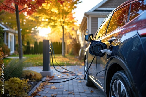 An electric car is shown being charged by a charger, emphasizing its eco-friendly and sustainable nature, A hybrid electric vehicle charging in a suburban driveway, AI Generated photo