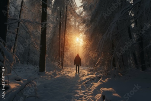 Back view of a person in a snow-covered forest