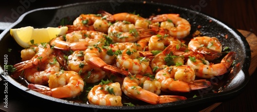 A skillet filled with shrimp and a slice of lemon, a delicious dish of fried finger food fast food