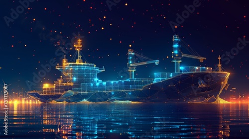  cargo ship, container, crane, and warehouse in dark blue. Concept of container ships, logistics, logistics, business, international shipping.