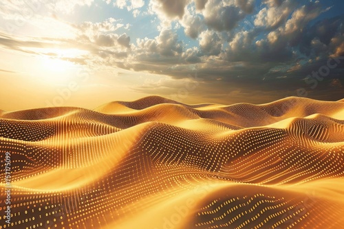 A stunning photo capturing the expansive beauty of a desert, accentuated by a captivating sky, A landscape scene of desert sand dunes made of binary code, AI Generated