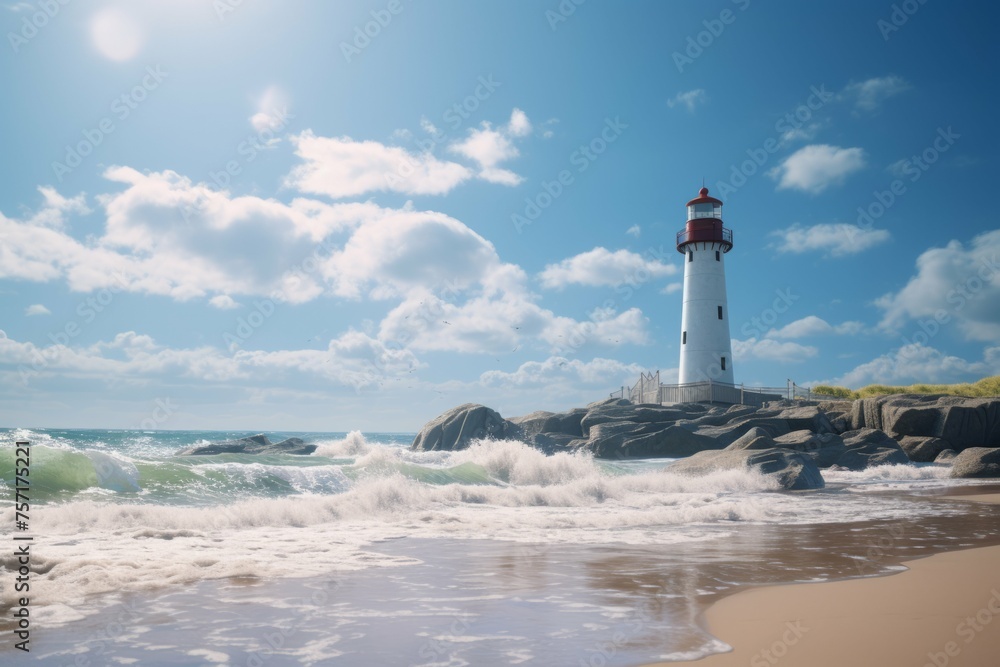a beach with a lighthouse, with its tall, majestic structure standing against the backdrop of the ocean and shore