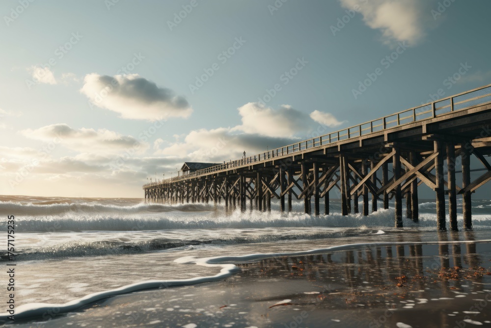 a beach with a pier, with its long and winding structure extending out into the ocean and providing stunning views of the shoreline
