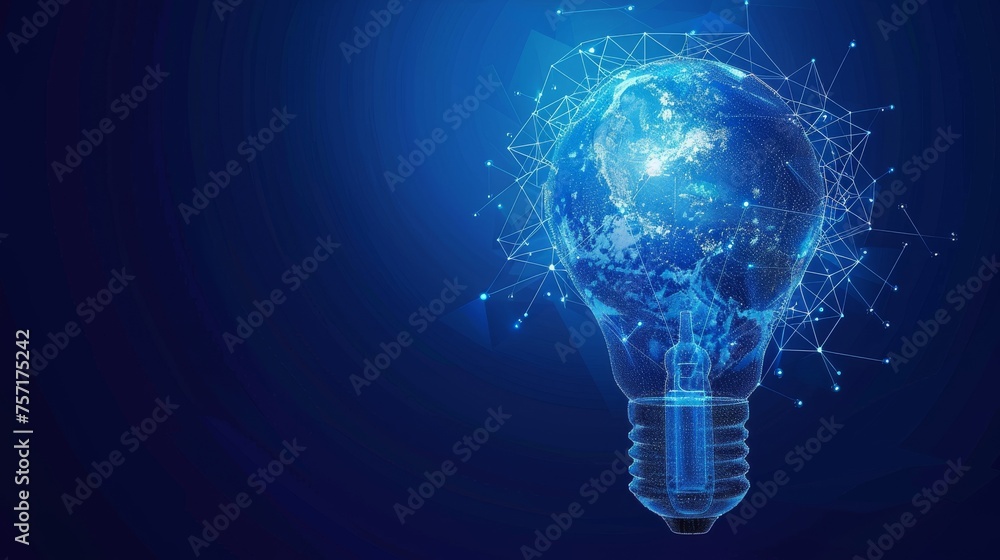 Abstract blue light bulb with planet Earth inside. Earth hour concept. Geometric background. Wireframe lights. Modern graphic.  illustration. - obrazy, fototapety, plakaty 