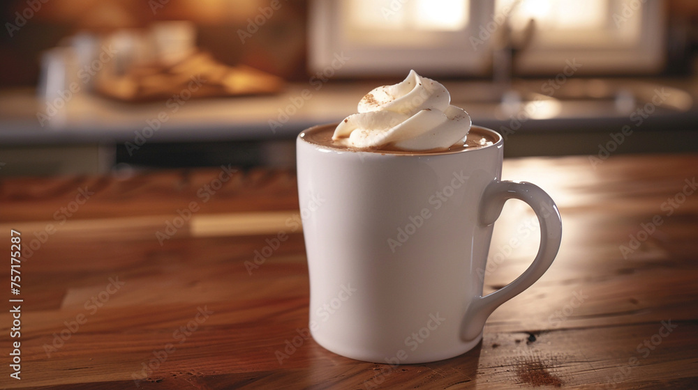 A white ceramic mug filled with rich, creamy hot chocolate, topped with a dollop of whipped cream - obrazy, fototapety, plakaty 