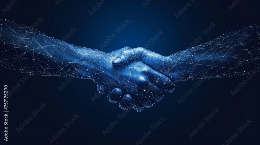 A handshake isolated on a blue background is a concept of relationships, teamwork, partnership deals, businessman cooperation, corporate meetings, contracts, friendship and business agreements. - obrazy, fototapety, plakaty 