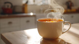 A white ceramic mug filled with steaming hot soup, offering comfort on a chilly day