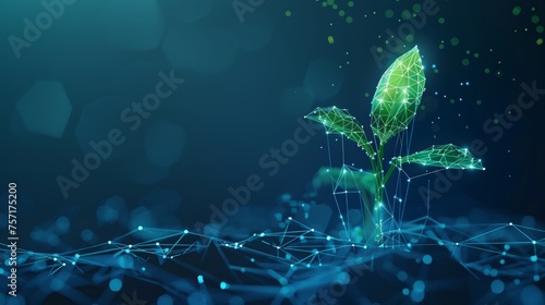 An isolated  illustration of a green growing plant sprout. A biotechnology concept rendered in low poly. An abstract blue geometric background with wireframe light connection structures. The