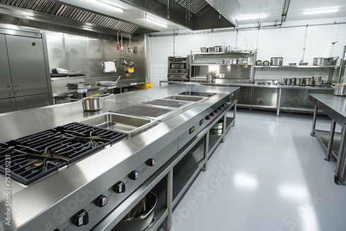 Spacious Commercial Kitchen With High-Quality Stainless Steel Appliances, A large empty restaurant kitchen complete with a long stainless steel counter, AI Generated