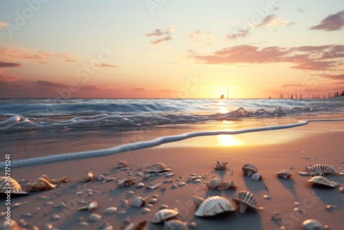 a beach with sand dunes and shells, with the sun setting in the distance and its reflection on the water's surface, the colors of the sky and the sea blending together in a mesmerizing way