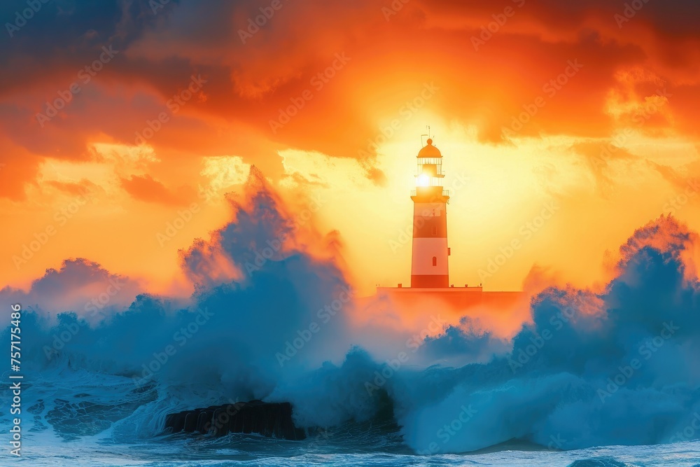 Majestic Lighthouse Embraced by Sunset Waves, A lighthouse standing tall against a vibrant orange sunset over the crashing ocean waves, AI Generated