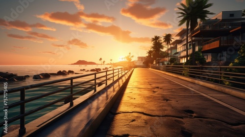 Sunset at the seaside promenade with palm trees. photo