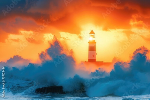 Majestic Lighthouse Embraced by Sunset Waves, A lighthouse standing tall against a vibrant orange sunset over the crashing ocean waves, AI Generated