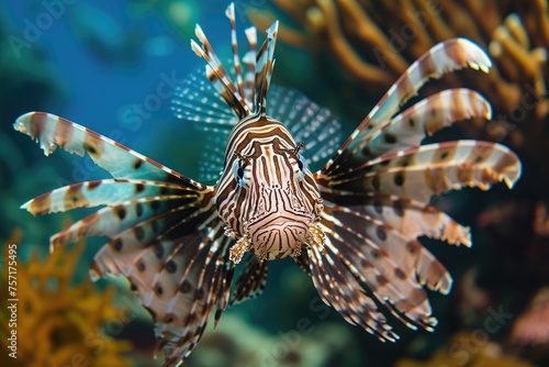 A close-up photo of a lionfish resting on coral, showcasing its remarkable colors and pattern, A lionfish with fan-like pectoral fins radiating a sense of danger, AI Generated © Iftikhar alam