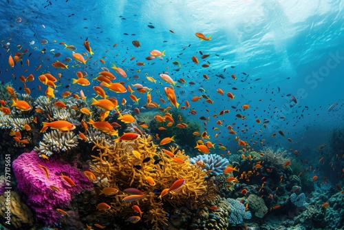 Explore the breathtaking beauty of a vibrant coral reef teeming with diverse marine life, A lively coral reef bursting with tropical fish, AI Generated © Iftikhar alam