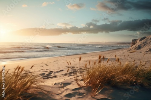 a beach with sand dunes in the background, illuminated by the light of the setting sun
