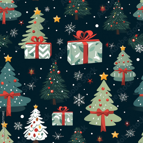 A Christmas tree pattern with a star and red bows