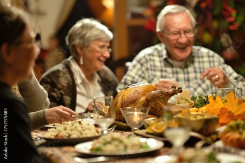 A diverse group of friends and family members sit around a dining table, engaging in lively conversation and enjoying a delicious meal, A lively family dinner on Thanksgiving, AI Generated