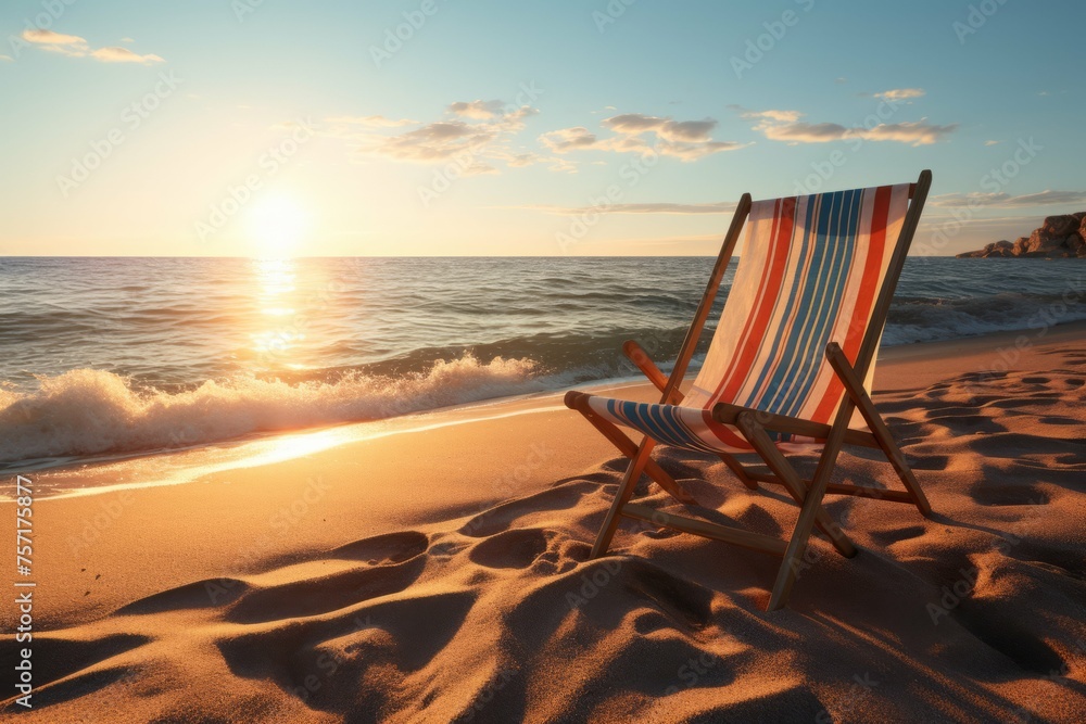 a beach with a beach chair, with the sun setting in the background