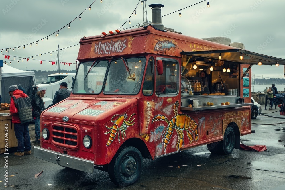 A food truck parked on a wet parking lot, A lobster-themed food truck at a harbor, AI Generated