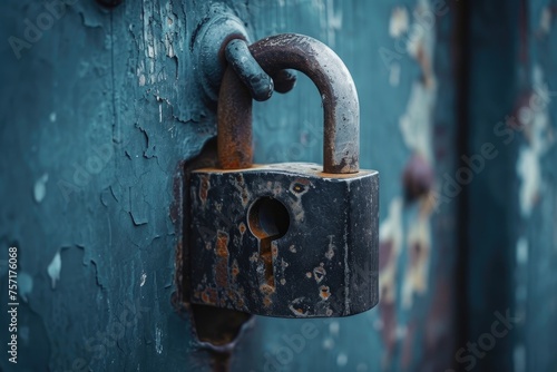 A photograph of an aged padlock attached to a blue door, showcasing the vintage charm and security measures, A lock with layers of encryption hurdles, AI Generated