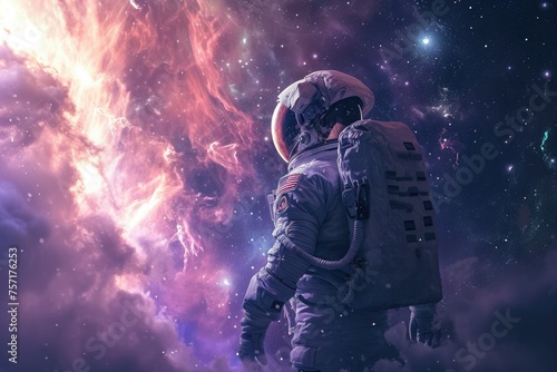 A man clad in a space suit marvels at the wonders of the star-filled expanse above, A lone astronaut in a space suit gazing at the swirling nebula behind, AI Generated © Iftikhar alam