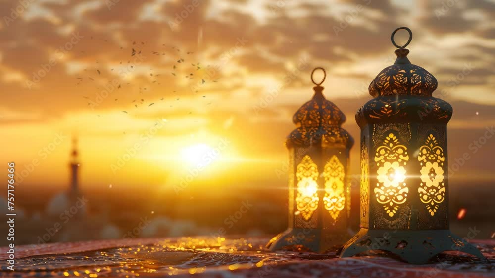 Two Lanterns Gleaming as Night Falls. Seamless Looping 4k Video Animation Two Lanterns Gleaming as Night Falls. Seamless Looping 4k Video Animation